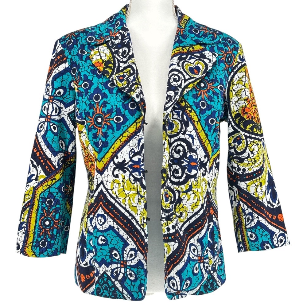 Chicos Womens Jacket Size 1 Mulitcolor Abstract Print Artsy Boho 3/4 Sleeve